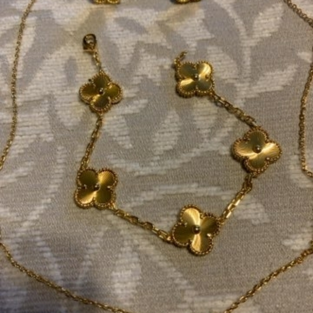 Gold Floral Link Necklace and Bracelet Set And Earrings Set